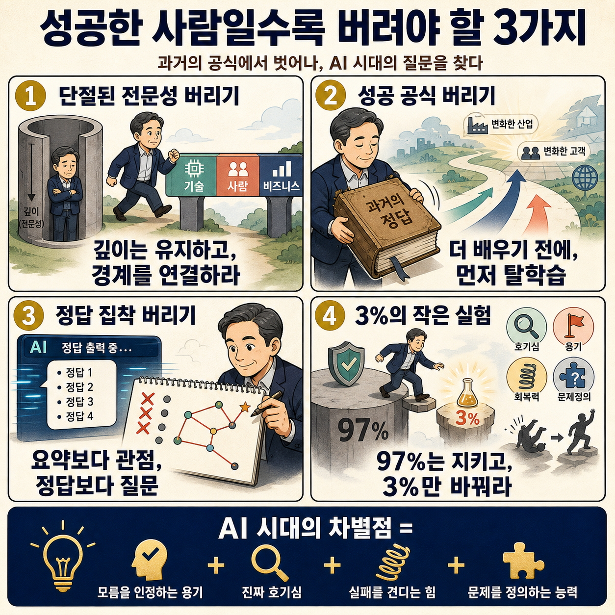 성공한 사람일수록 버려야 할 3가지｜25년 경영자가 직접 겪은 변화의 법칙 (성공 공식·AI) 내용을 설명하는 본문 이미지