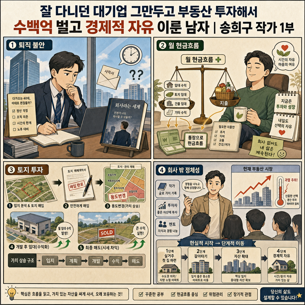 잘 다니던 대기업 그만두고 부동산 투자해서 수백억 벌고 경제적 자유 이룬 남자ㅣ송희구 작가 1부 내용을 설명하는 본문 이미지