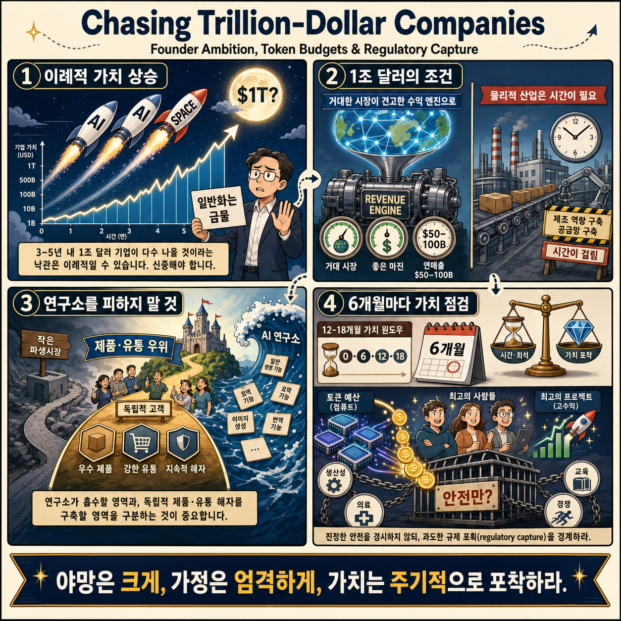 Chasing Trillion-Dollar Companies, Founder Ambition, Token Budgets, & Regulatory Capture 내용을 설명하는 본문 이미지