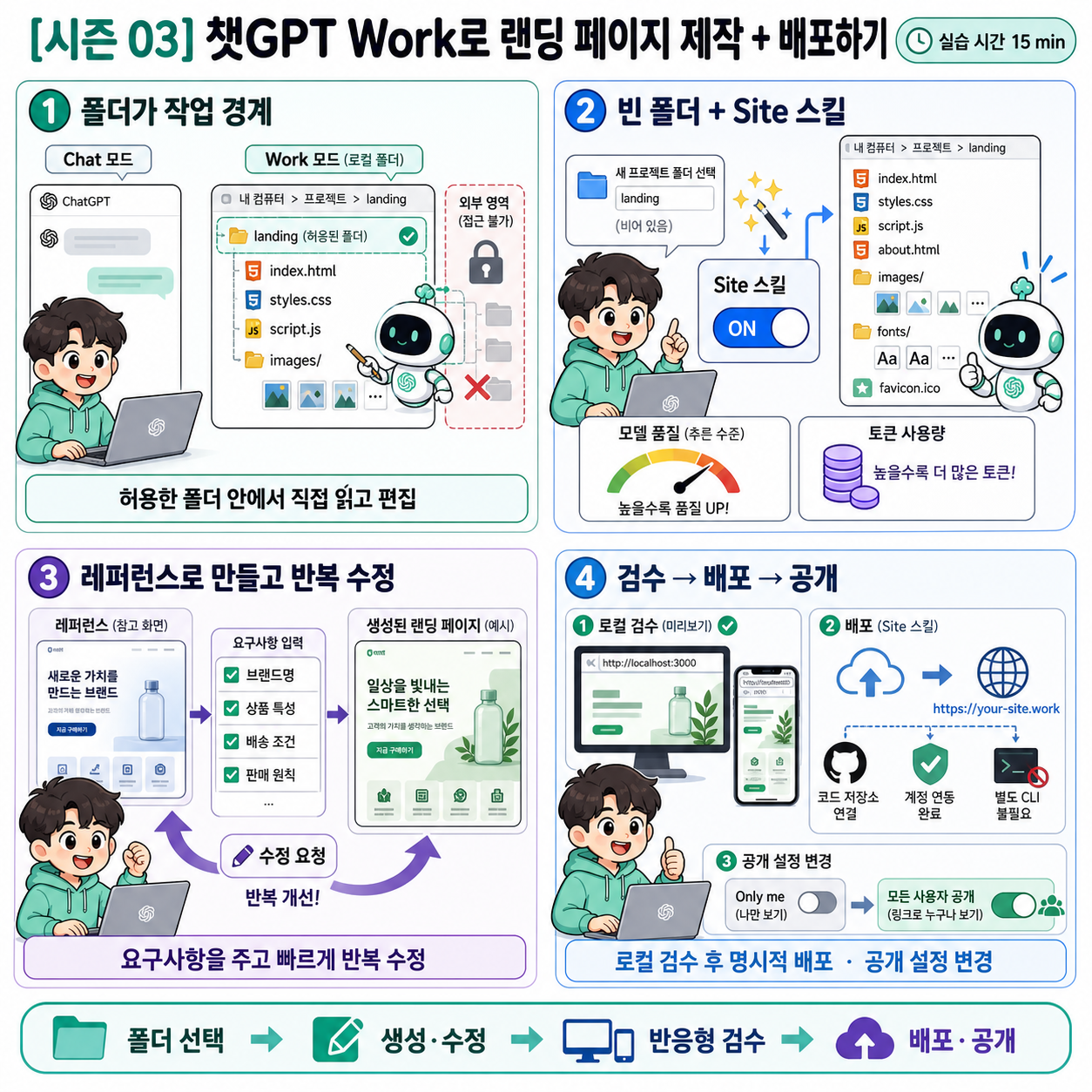 [시즌 03] 챗GPT Work로 랜딩 페이지 제작 + 배포하기(실습 시간 15 min) 내용을 설명하는 본문 이미지