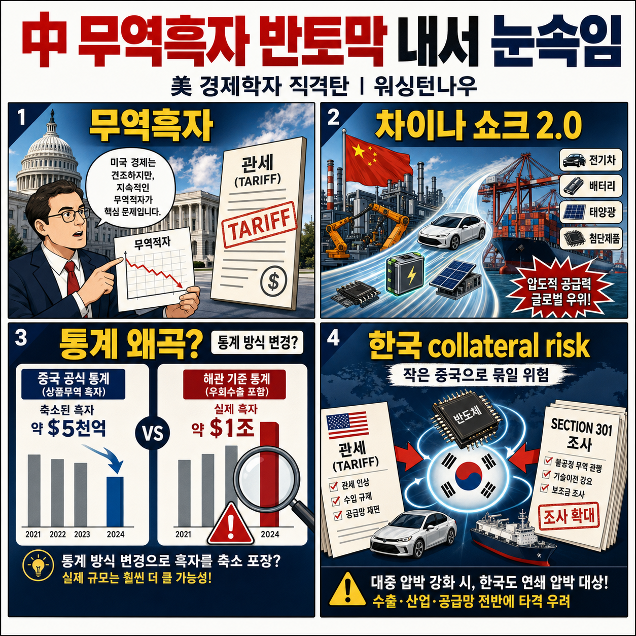 中 무역흑자 반토막 내서 눈속임" 직격탄 날린 美 경제학자ㅣ이상은의 워싱턴나우 내용을 설명하는 본문 이미지