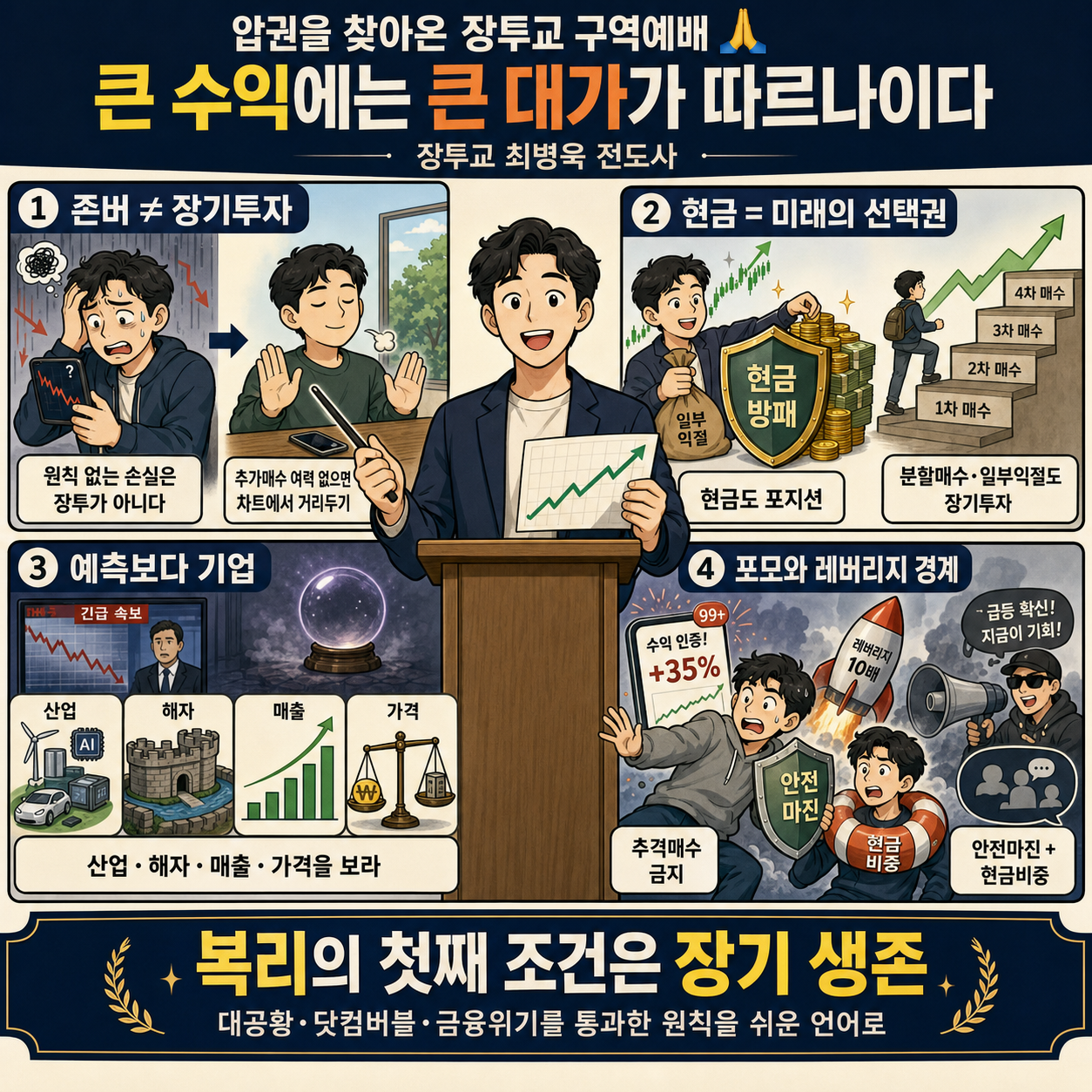 압권을 찾아온 장투교 구역예배 🙏 큰 수익에는 큰 대가가 따르나이다 (장투교 최병욱 전도사) 내용을 설명하는 본문 이미지