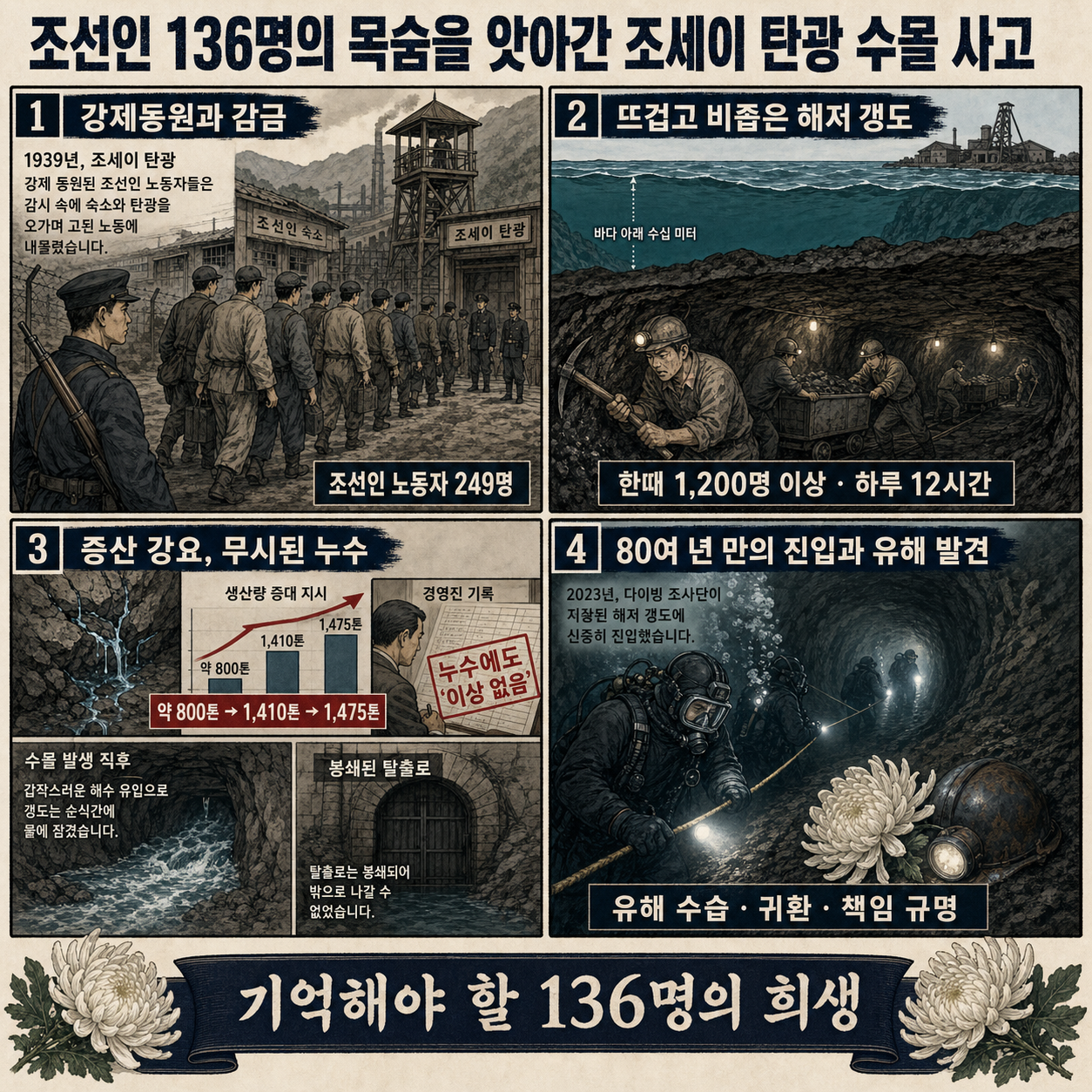 조선인 136명의 목숨을 앗아간 ''조세이 탄광 수몰 사고'' 내용을 설명하는 본문 이미지