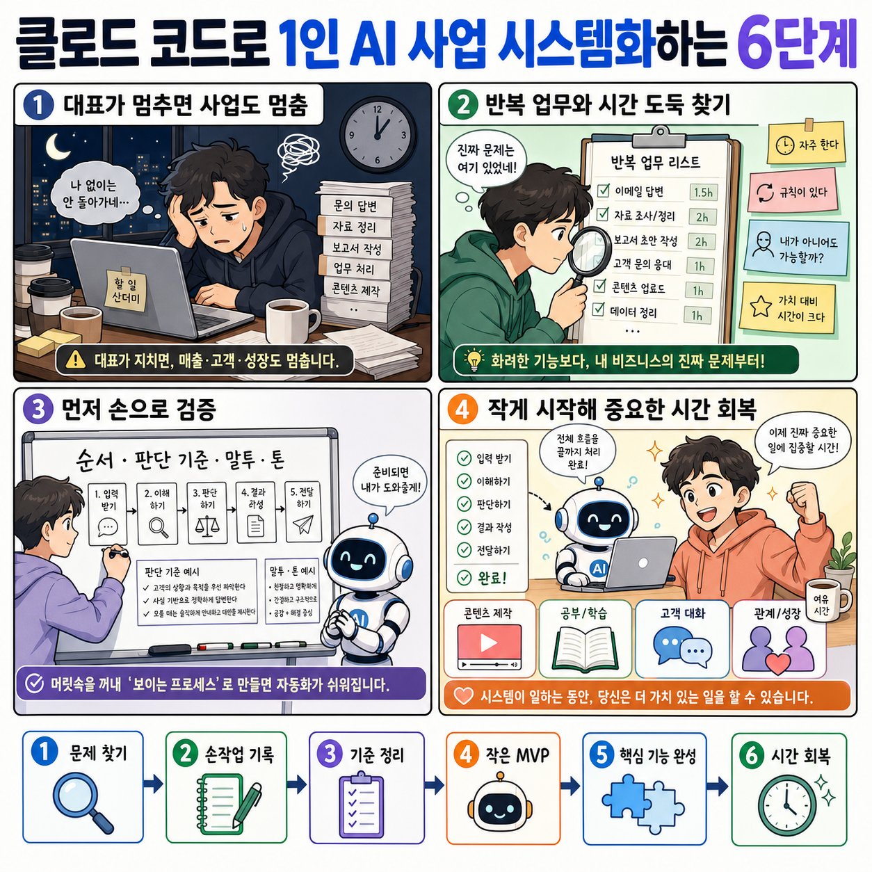 클로드 코드로 1인 AI 사업 시스템화하는 6단계 내용을 설명하는 본문 이미지