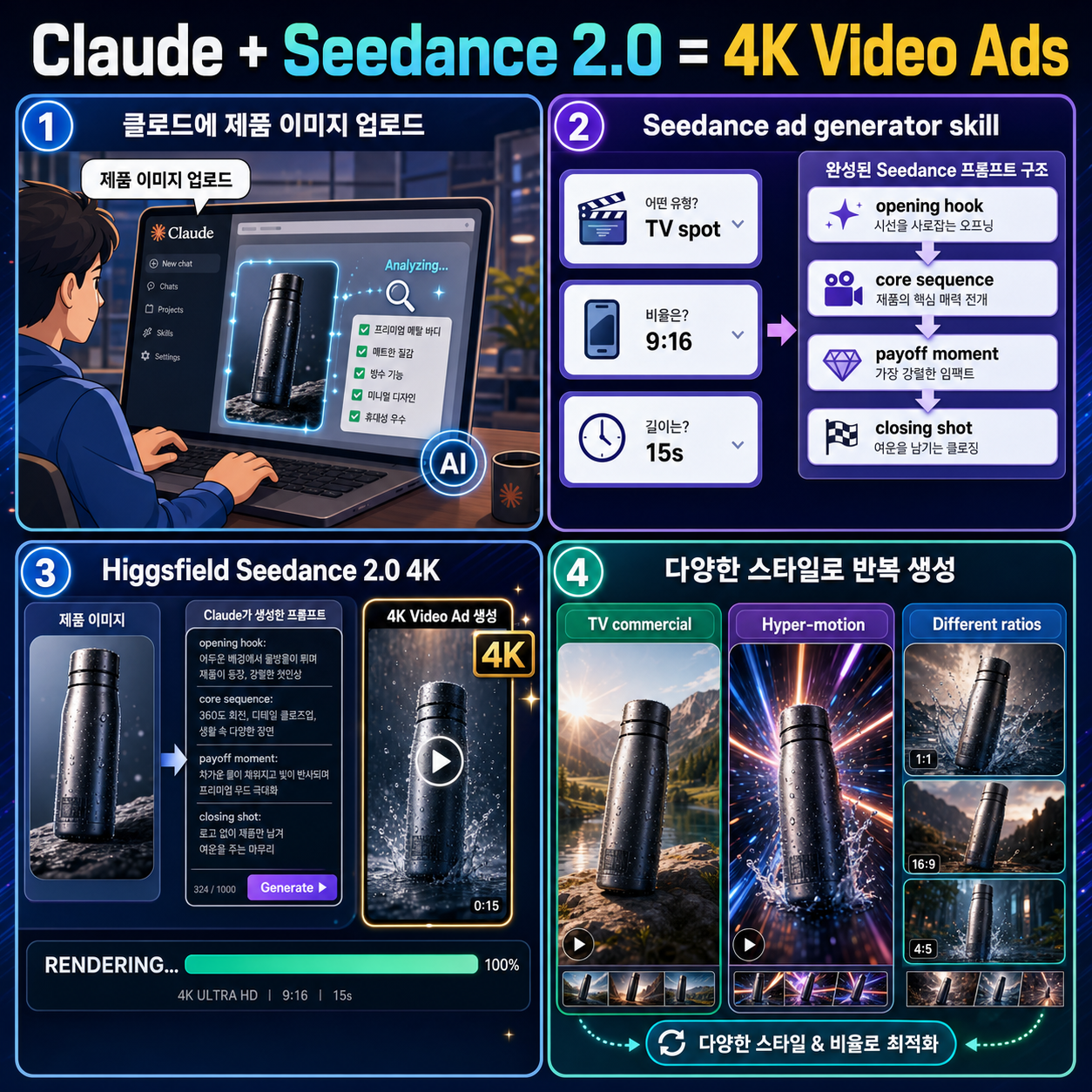 Claude + Seedance 2.0 = 4K Video Ads 내용을 설명하는 본문 이미지