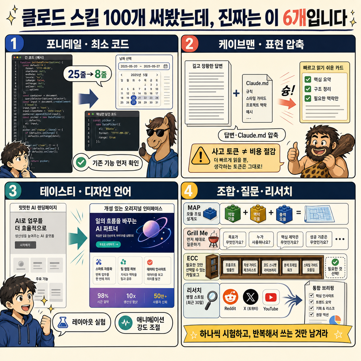 클로드 스킬 100개 써봤는데, 진짜는 이 6개입니다 내용을 설명하는 본문 이미지