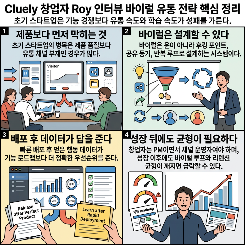 Cluely 창업자 Roy 인터뷰 - 바이럴 유통 전략 핵심 정리 내용을 설명하는 본문 이미지