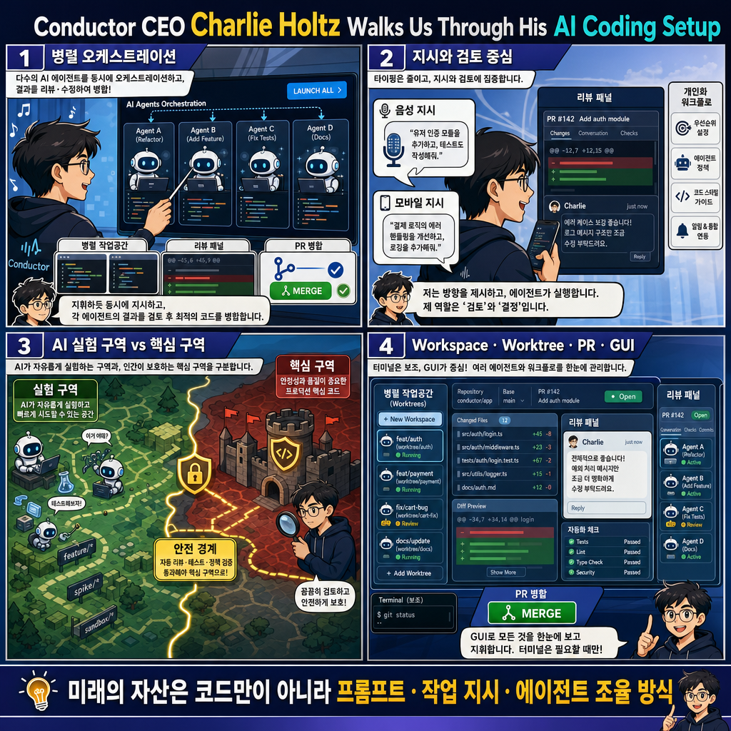 Conductor CEO Charlie Holtz Walks Us Through His AI Coding Setup 내용을 설명하는 본문 이미지