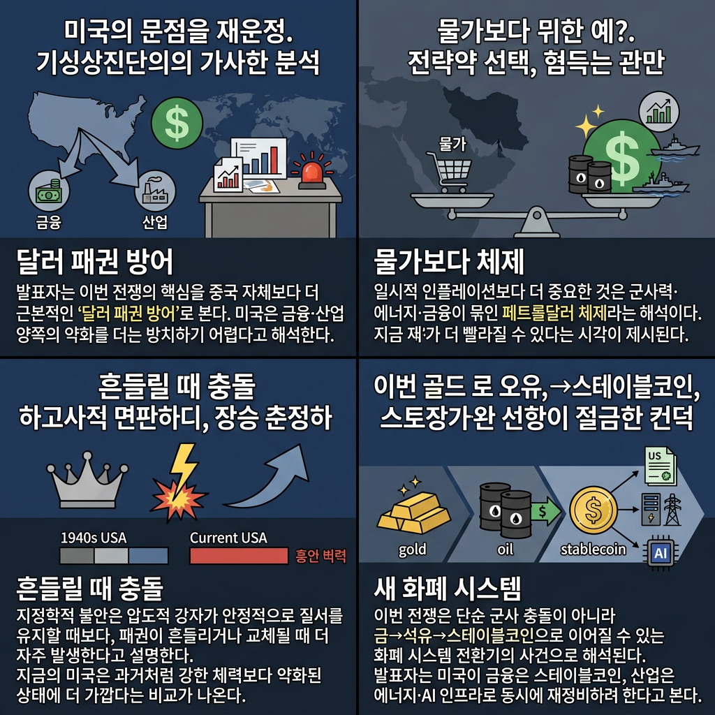 "진짜 목적은 따로 있다"...트럼프는 왜 이란 공습을 서두를까, 전쟁 후 닥칠 '금융 패권' 시나리오 (ft.성상현 중소기업중앙회 부부장) / 교양이를 부탁해 / 비디오머그 내용을 설명하는 본문 이미지