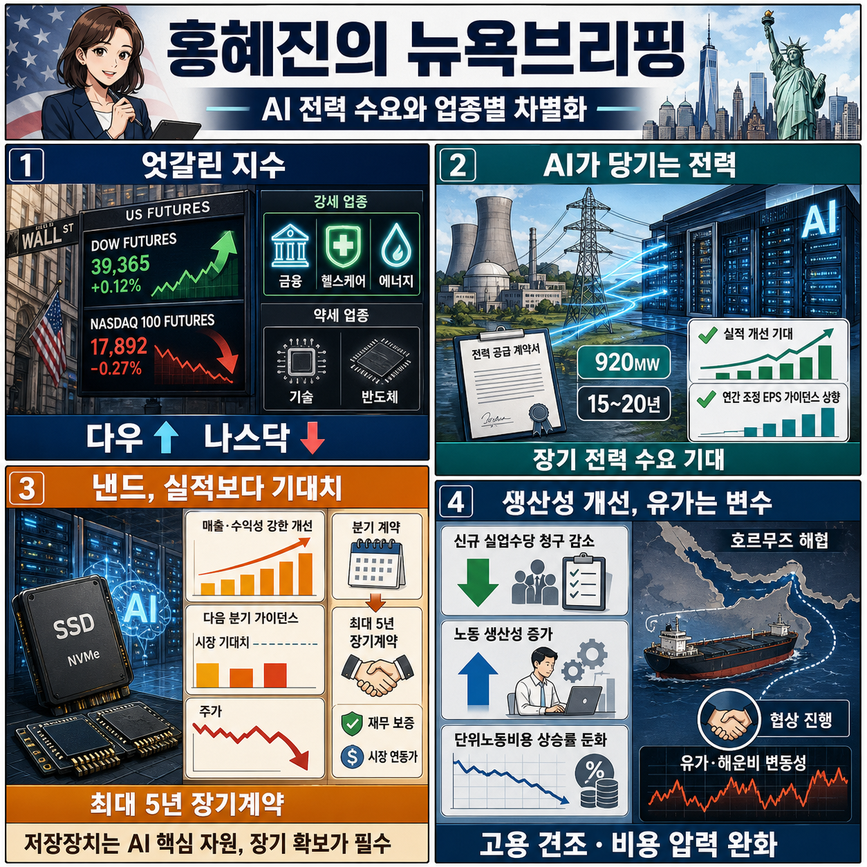 콘스텔레이션, AI 전력 수요 기대에 강세ㅣ호르무즈 해협 재개 협상에 다우 선물 상승, 나스닥은 반도체주 약세ㅣ미국 실업수당 청구건수 줄고 노동생산성 지표 개선ㅣ홍혜진의 뉴욕브리핑 내용을 설명하는 본문 이미지