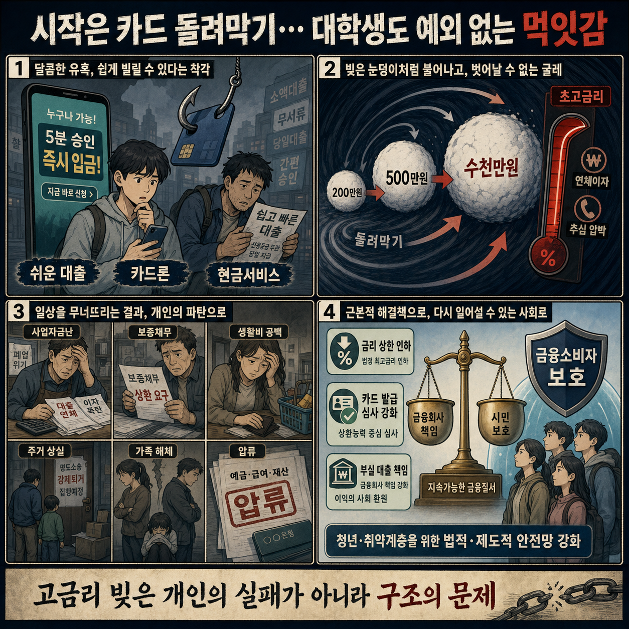 시작은 카드 돌려막기... 대학생도 예외 없는 먹잇감! 사람을 말려 죽이는 고금리 빚더미와 파멸의 구렁텅이 내용을 설명하는 본문 이미지