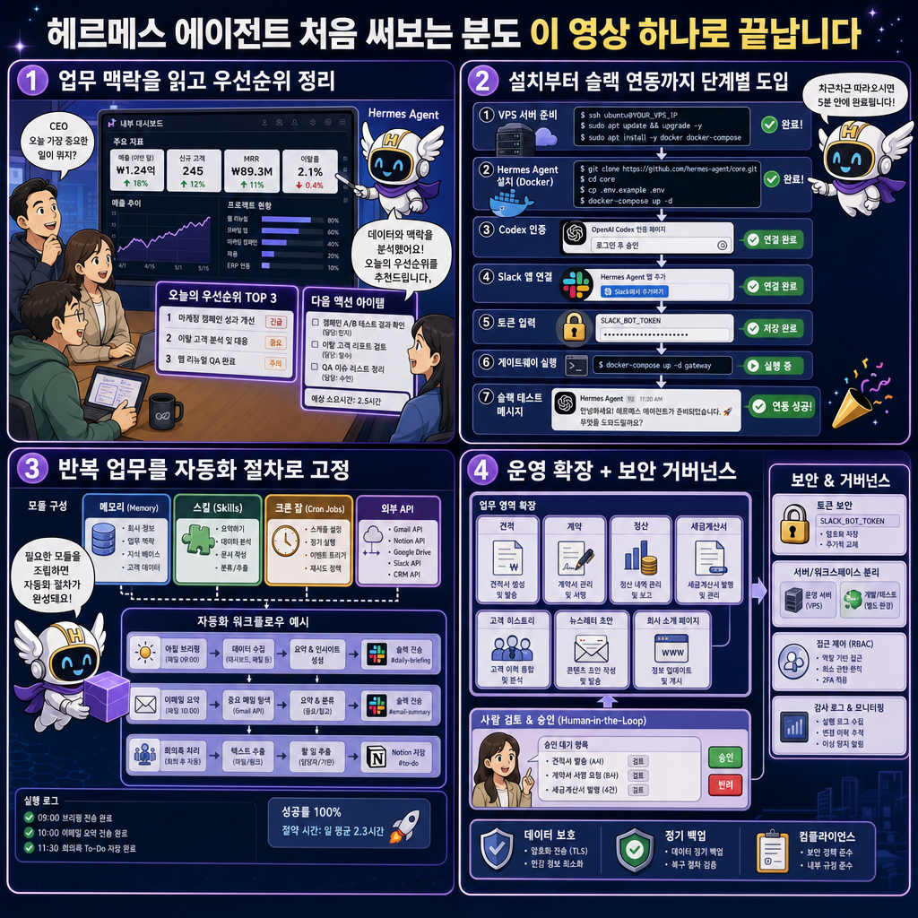헤르메스 에이전트 처음 써보는 분도 이 영상 하나로 끝납니다, 설치부터 회사 운영 자동화까지 내용을 설명하는 본문 이미지