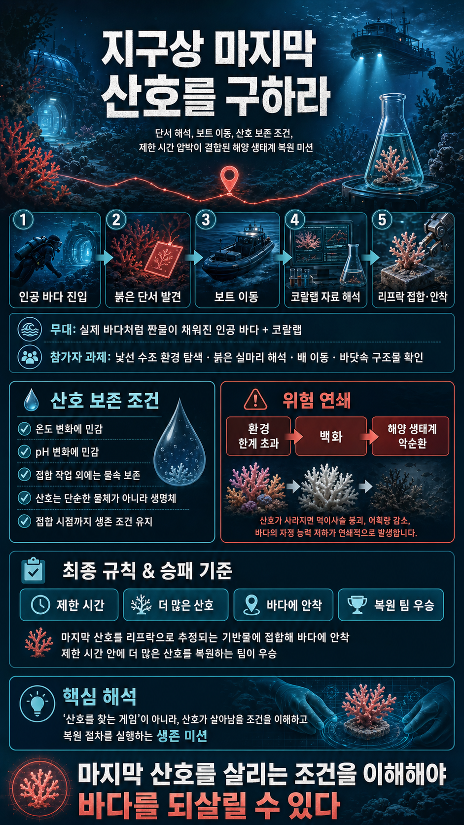 [최후의 인류 5화 하이라이트] 해양 생태계를 되살리는 생존 미션! 지구상 마지막 산호를 구하라 내용을 설명하는 본문 이미지