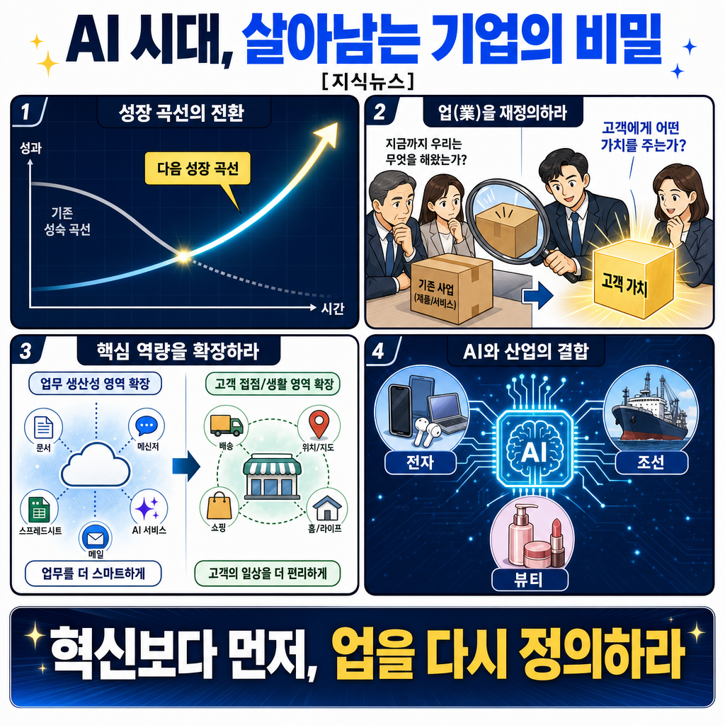 [지식뉴스] "지금 혁신보다 중요한 건 업의 재해석"..AI시대, 살아남는 기업들의 진짜 비밀 (ft.신수정 전 KT 부사장) / 교양이를 부탁해 내용을 설명하는 본문 이미지