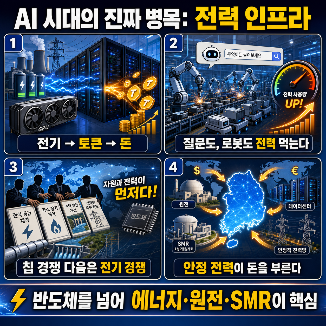 AI 뒤에 숨은 진짜 10배 인프라, 전 세계 돈이 한국으로 몰려드는 이유 #박정호교수 #여의도멘션 #빅테크 #AI데이터센터 내용을 설명하는 본문 이미지