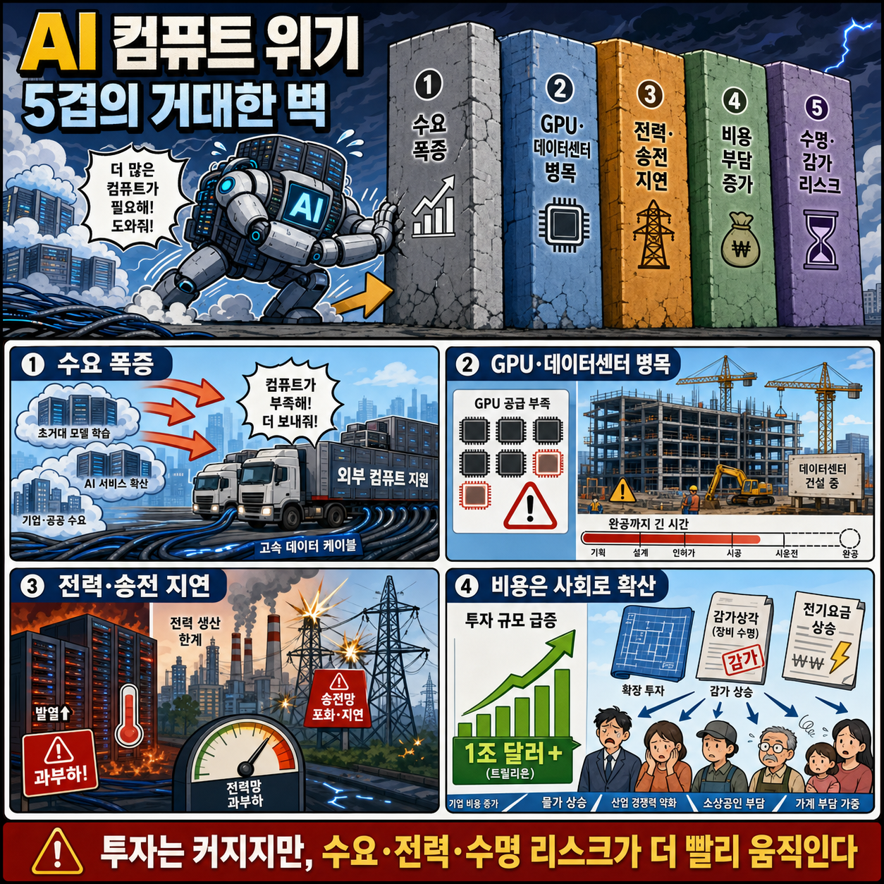 AI 산업을 괴롭히는 5겹의 거대한 벽. AI 컴퓨트 위기 내용을 설명하는 본문 이미지