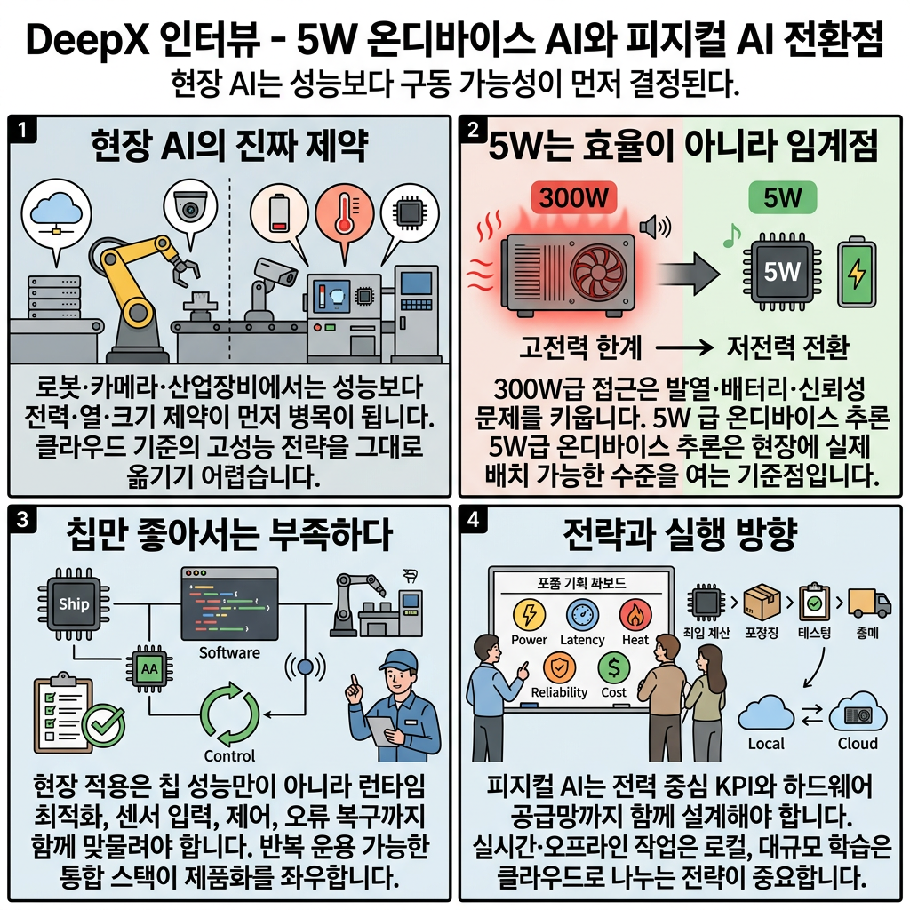 "데이터센터 없는 AI가 온다" 300W급 성능 5W로 구현하는 온디바이스 AI혁신 (김녹원 딥엑스 대표) 내용을 설명하는 본문 이미지