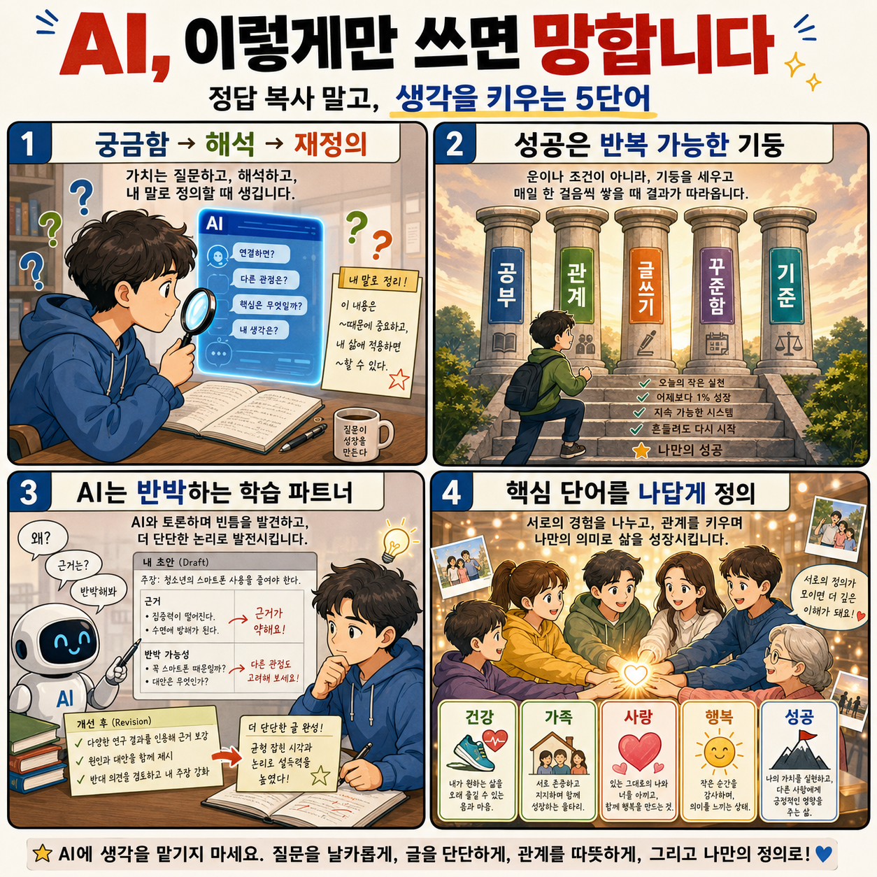 AI 이렇게만 쓰면 망합니다, 그렇다고 안쓸 순 없잖아요? 이 단어 5개만 써보세요 내용을 설명하는 본문 이미지