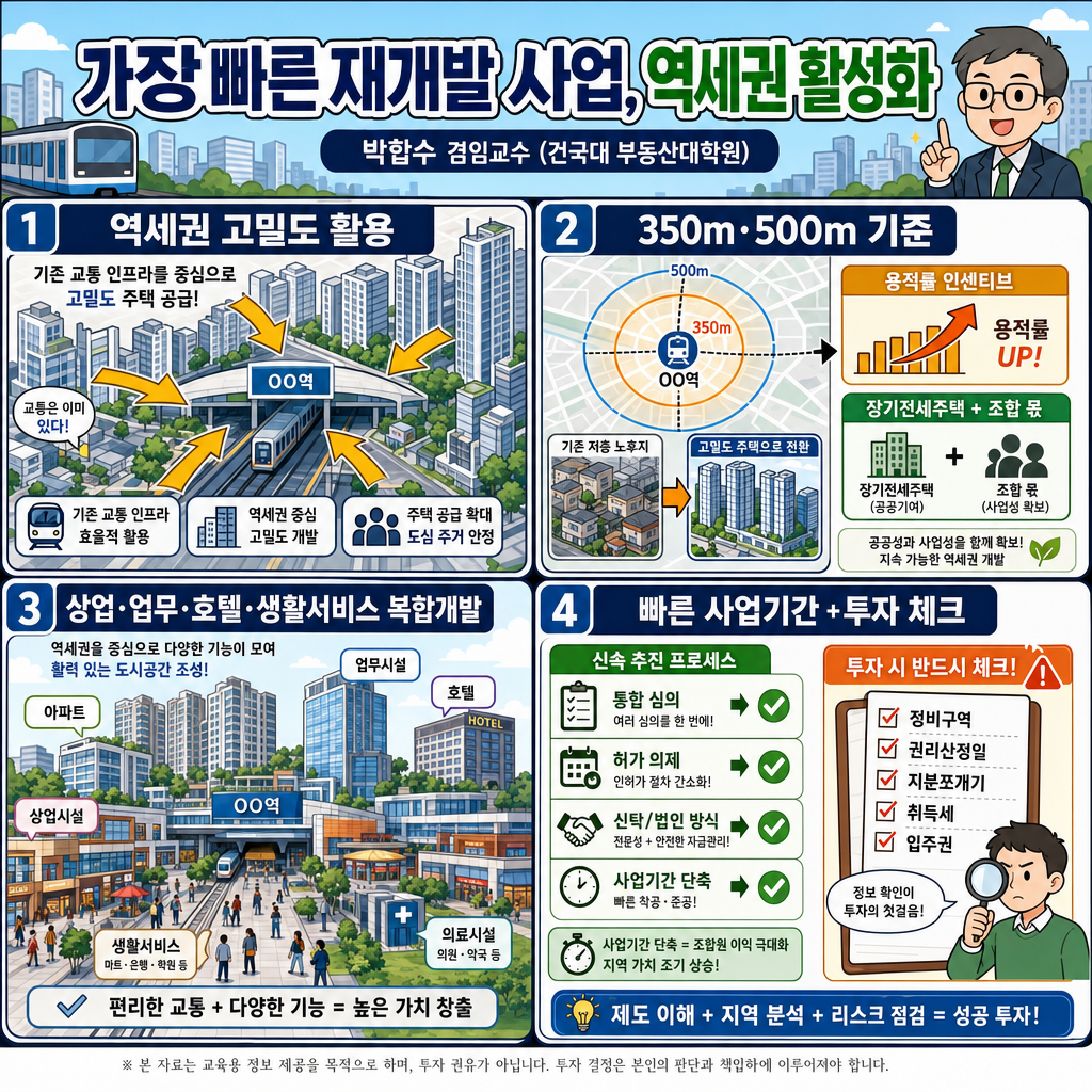 가장 빠른 재개발 사업, 역세권 활성화입니다 - 박합수 겸임교수 (건국대 부동산대학원) 내용을 설명하는 본문 이미지