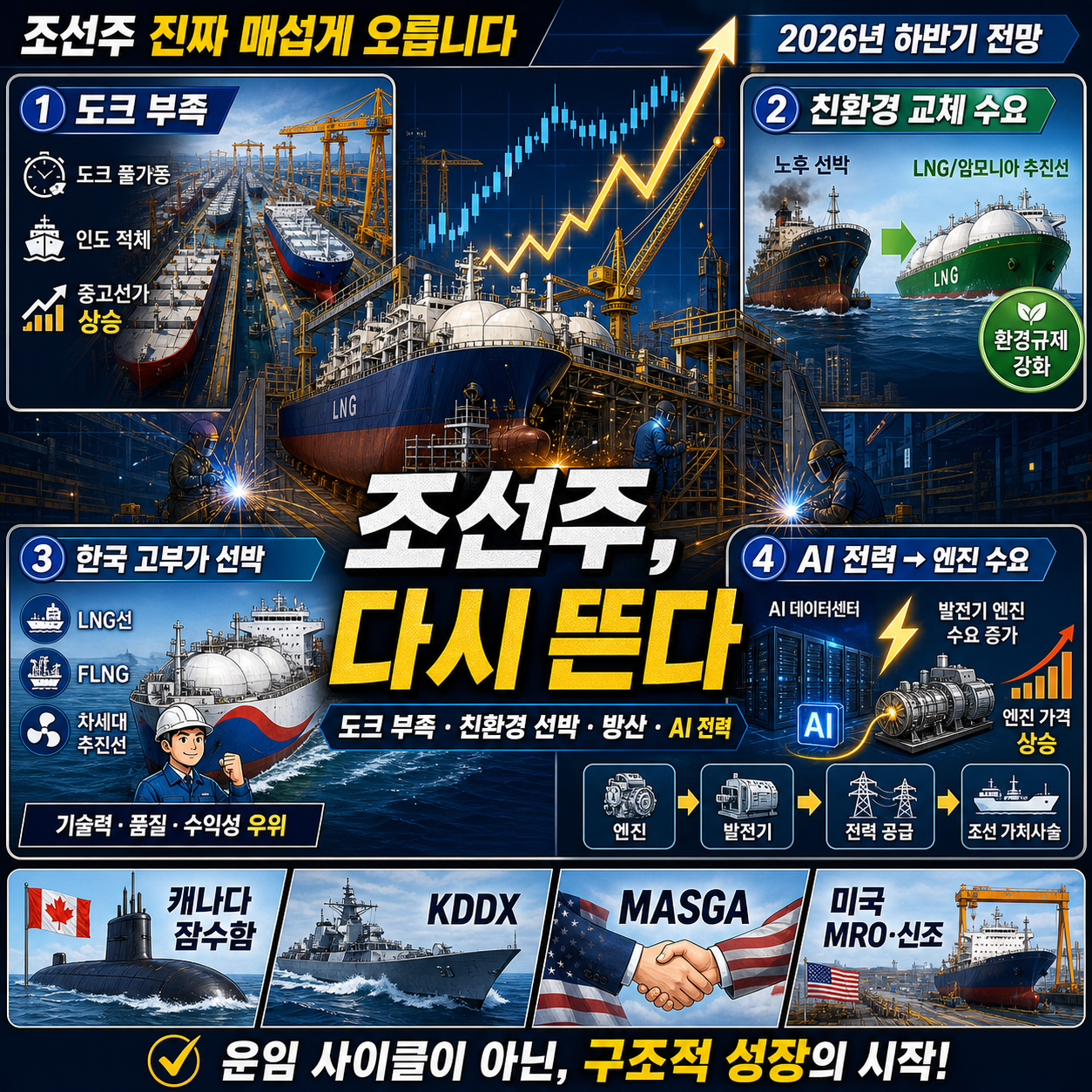 조선주 진짜 매섭게 오릅니다" 이젠 조선주도 AI 관련주다, 지금 ''이 주식'' 사야 소외되지 않을 수 있습니다 [2026년 하반기 조선주 전망] 내용을 설명하는 본문 이미지
