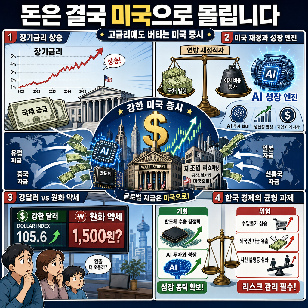 [지식뉴스] "돈은 결국 미국으로 몰립니다" 고금리 폭탄에도 미국 증시만 무섭게 버티는 진짜 이유 (ft.김명실 iM증권 위원) / 교양이를 부탁해 내용을 설명하는 본문 이미지
