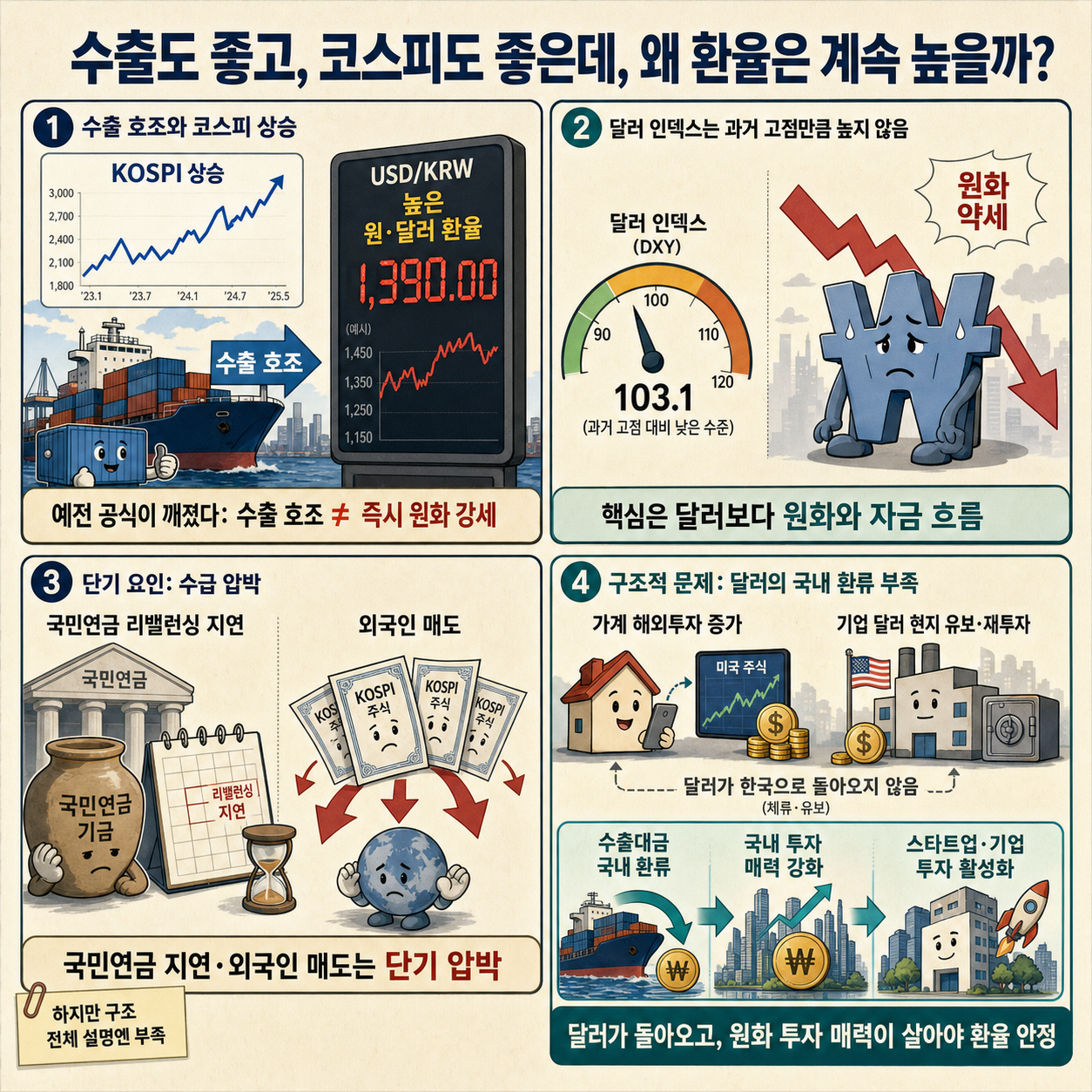 수출도 좋고, 코스피도 좋은데, 왜 환율은 계속 높을까? 내용을 설명하는 본문 이미지
