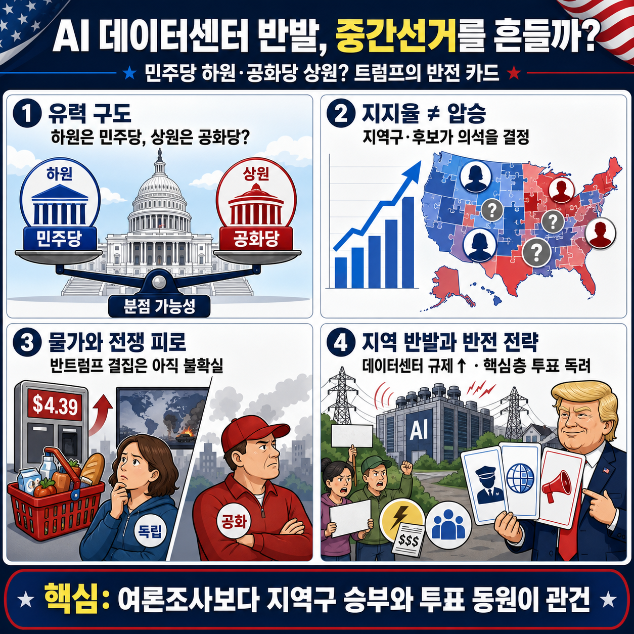[미국정치상황] "AI 데이터센터 짓지 마!" 미 전역서 커지는 반발...이대로면 중간선거 민주당 압승? 트럼프가 노리는 진짜 반전 카드 / 교양이를 부탁해 내용을 설명하는 본문 이미지