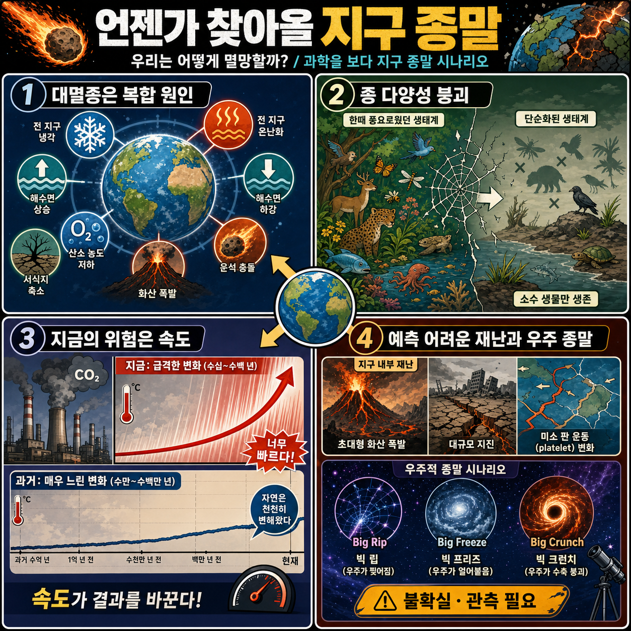 🎬 언젠가 찾아올 지구 종말, 우리는 어떻게 멸망할까?/ 과학을 보다 지구 종말 시나리오 4시간 몰아보기 내용을 설명하는 본문 이미지