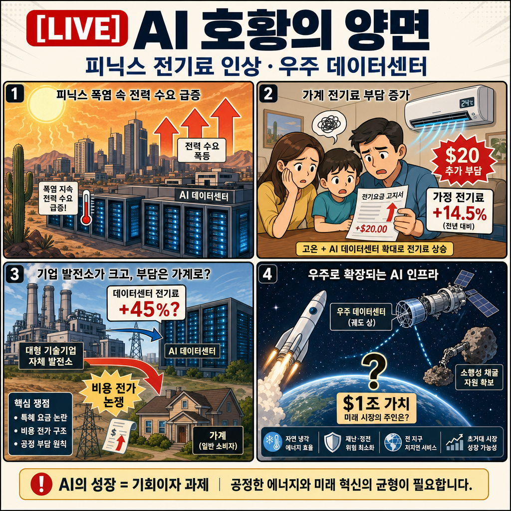 [LIVE] AI 호황의 양면: 피닉스의 전기료 인상과 머스크의 우주 데이터센터 내용을 설명하는 본문 이미지