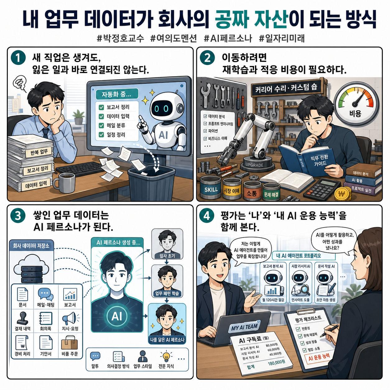 내 업무 데이터가 회사의 공짜 자산이 되는 방식 #박정호교수 #여의도멘션 #AI페르소나 #일자리미래 내용을 설명하는 본문 이미지