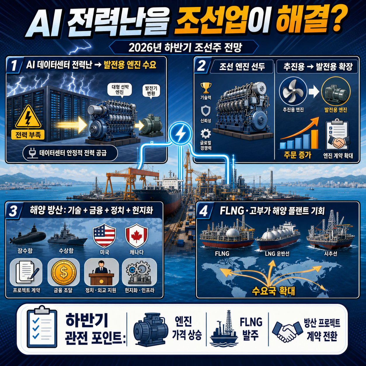 AI 전력난을 조선업이 해결?" 조선 기업 ○○ 엔진에 미래 먹거리가 달렸다! 앞으로 장밋빛 전망이 기다리고 있습니다 [2026년 하반기 조선주 전망] 내용을 설명하는 본문 이미지