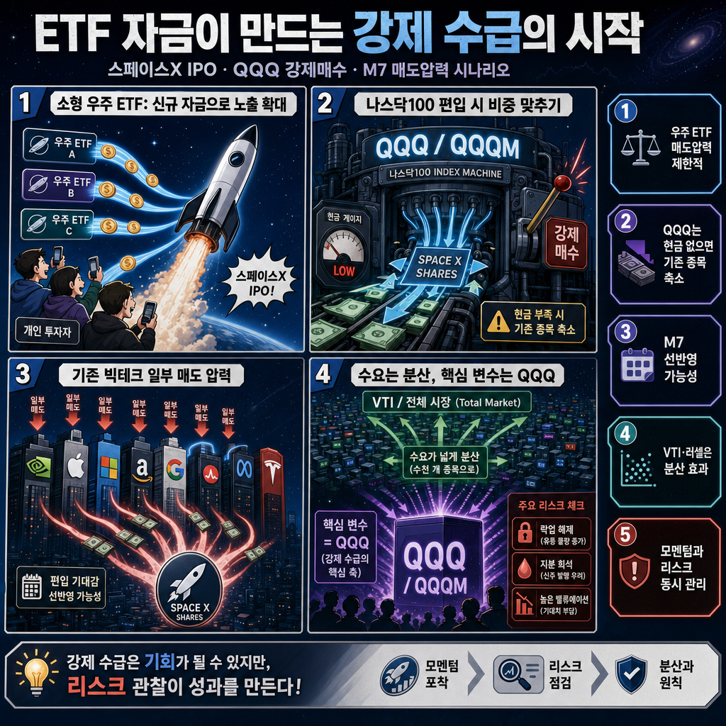 ETF 자금이 만드는 강제 수급의 시작" 스페이스X IPO, QQQ 강제매수와 M7 매도압력 시나리오 #spacex #qqq #vti 내용을 설명하는 본문 이미지