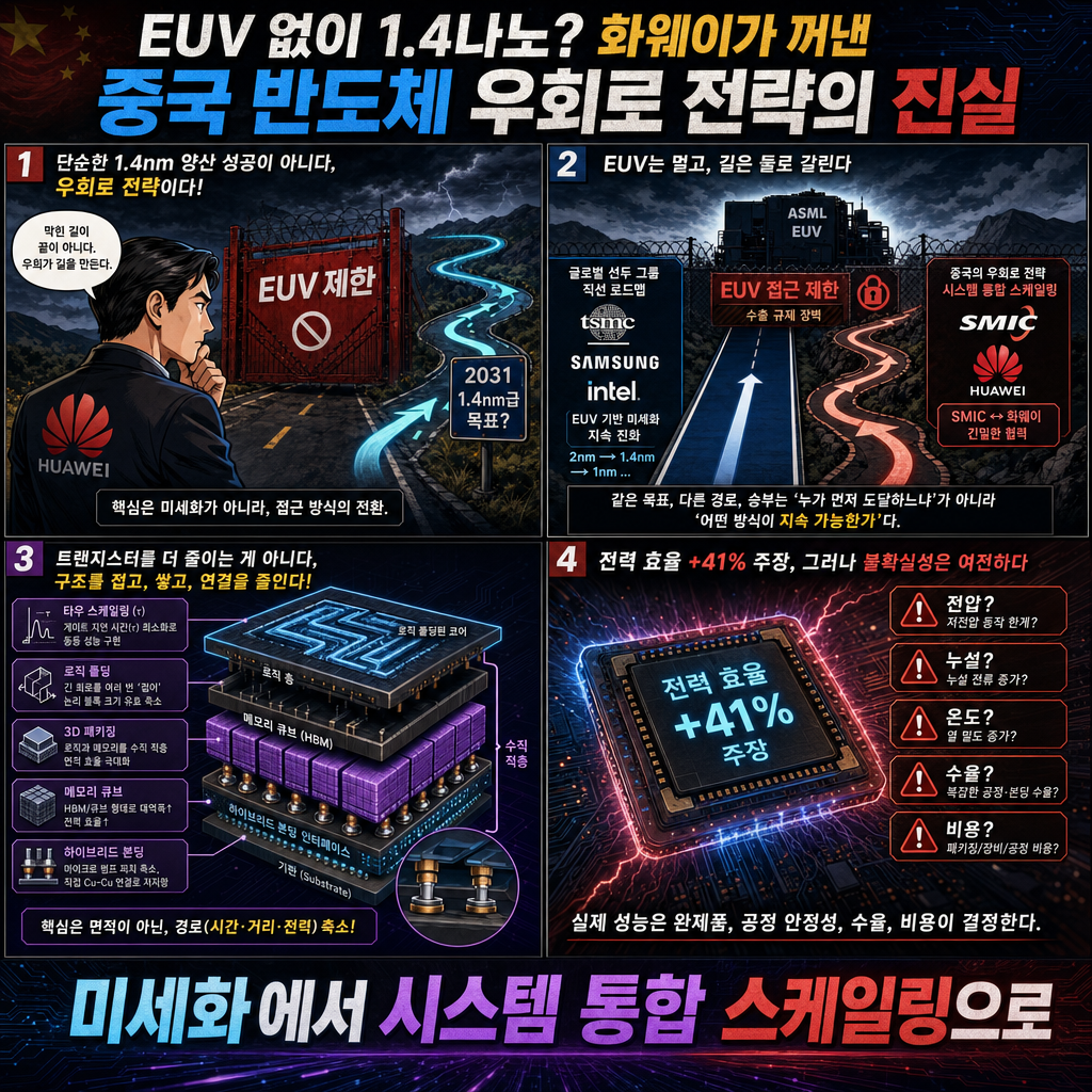 EUV 없이 1.4나노? 화웨이가 꺼낸 중국 반도체 우회로 전략의 진실 내용을 설명하는 본문 이미지