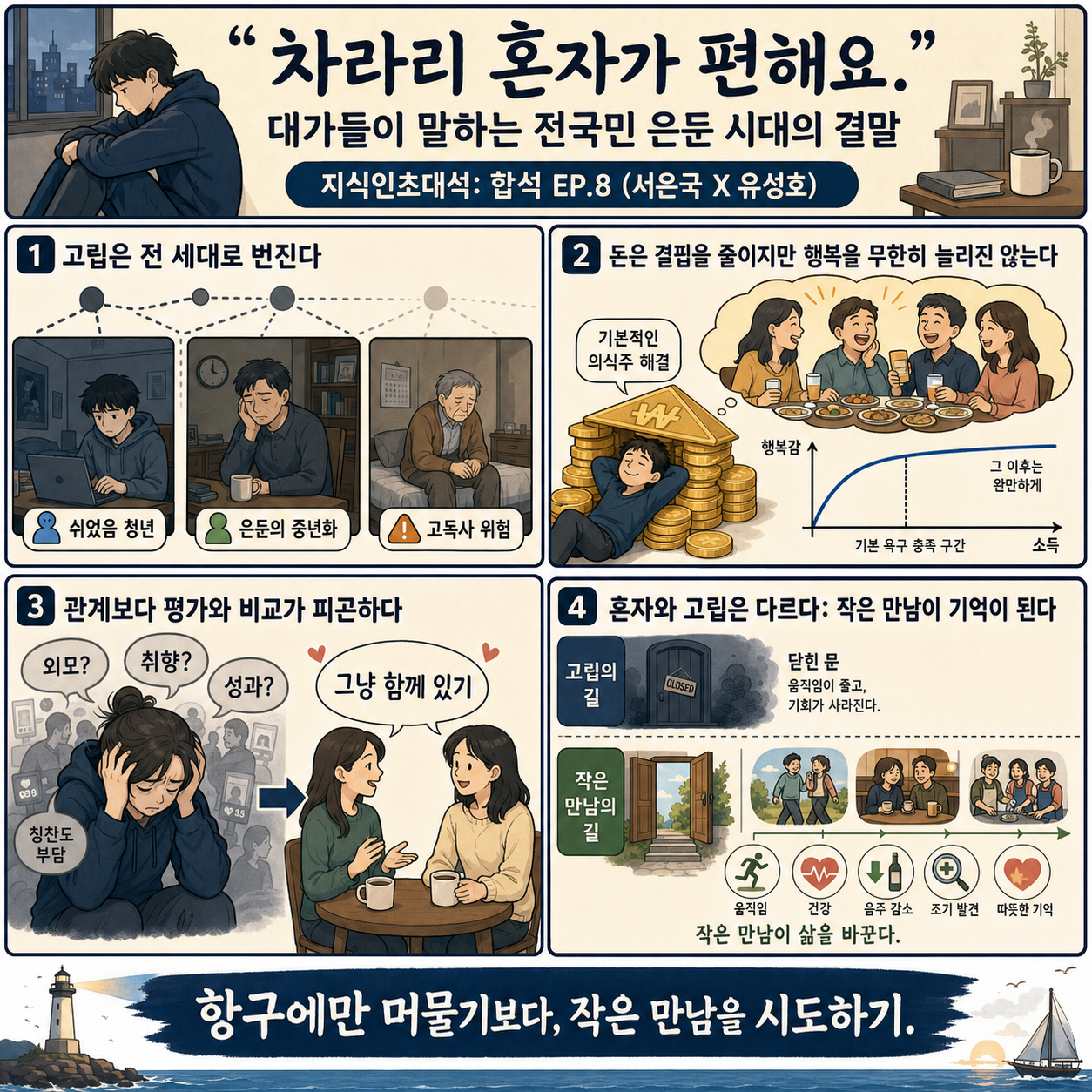 차라리 혼자가 편해요." 대가들이 말하는 전국민 은둔 시대의 결말ㅣ지식인초대석: 합석 EP.8 (서은국 X 유성호) 내용을 설명하는 본문 이미지