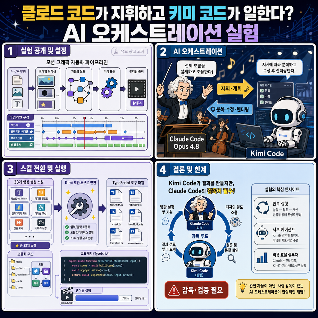 클로드 코드가 지휘하고 키미 코드가 일한다? AI 오케스트레이션 실험 내용을 설명하는 본문 이미지