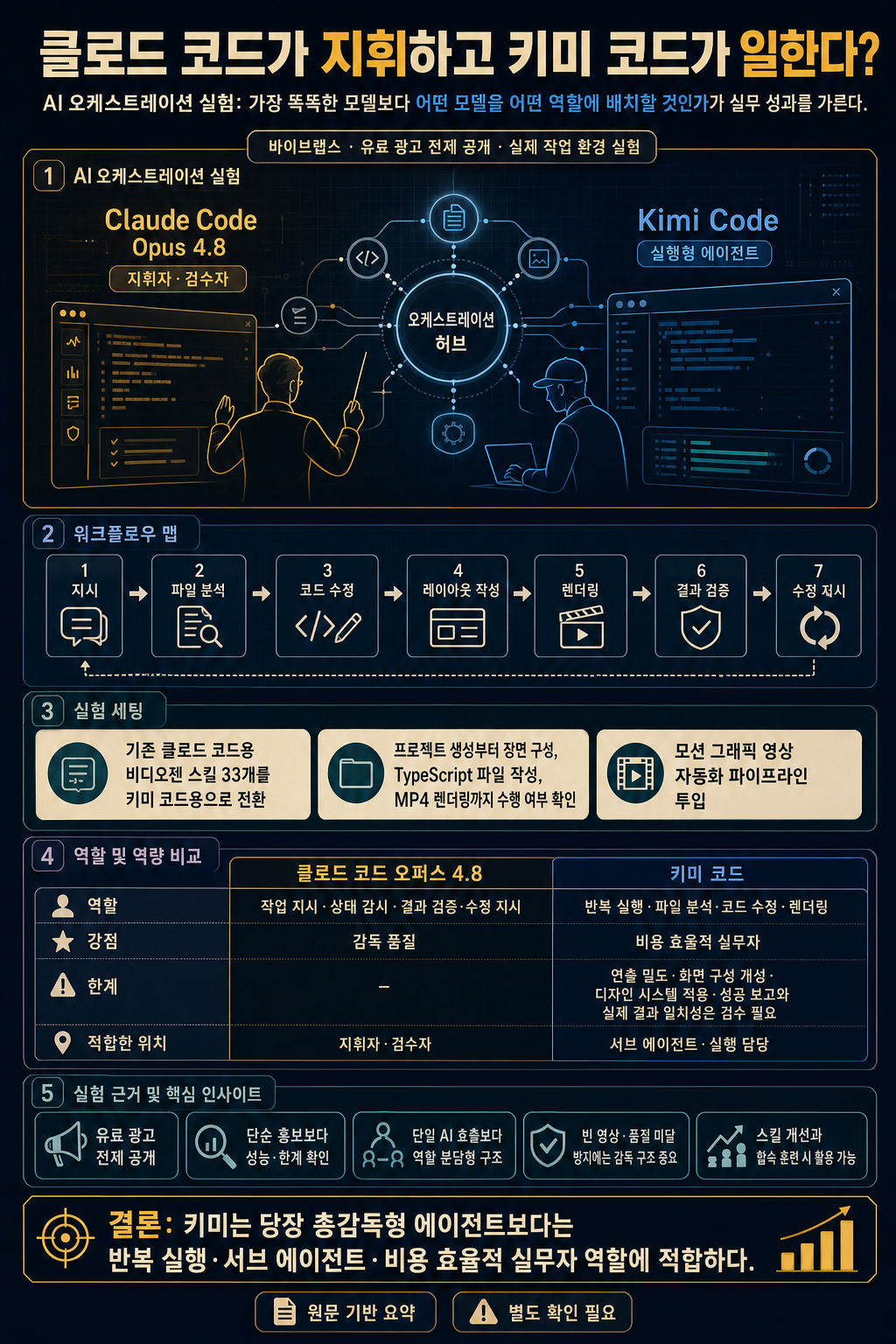 클로드 코드가 지휘하고 키미 코드가 일한다? AI 오케스트레이션 실험 내용을 설명하는 본문 이미지
