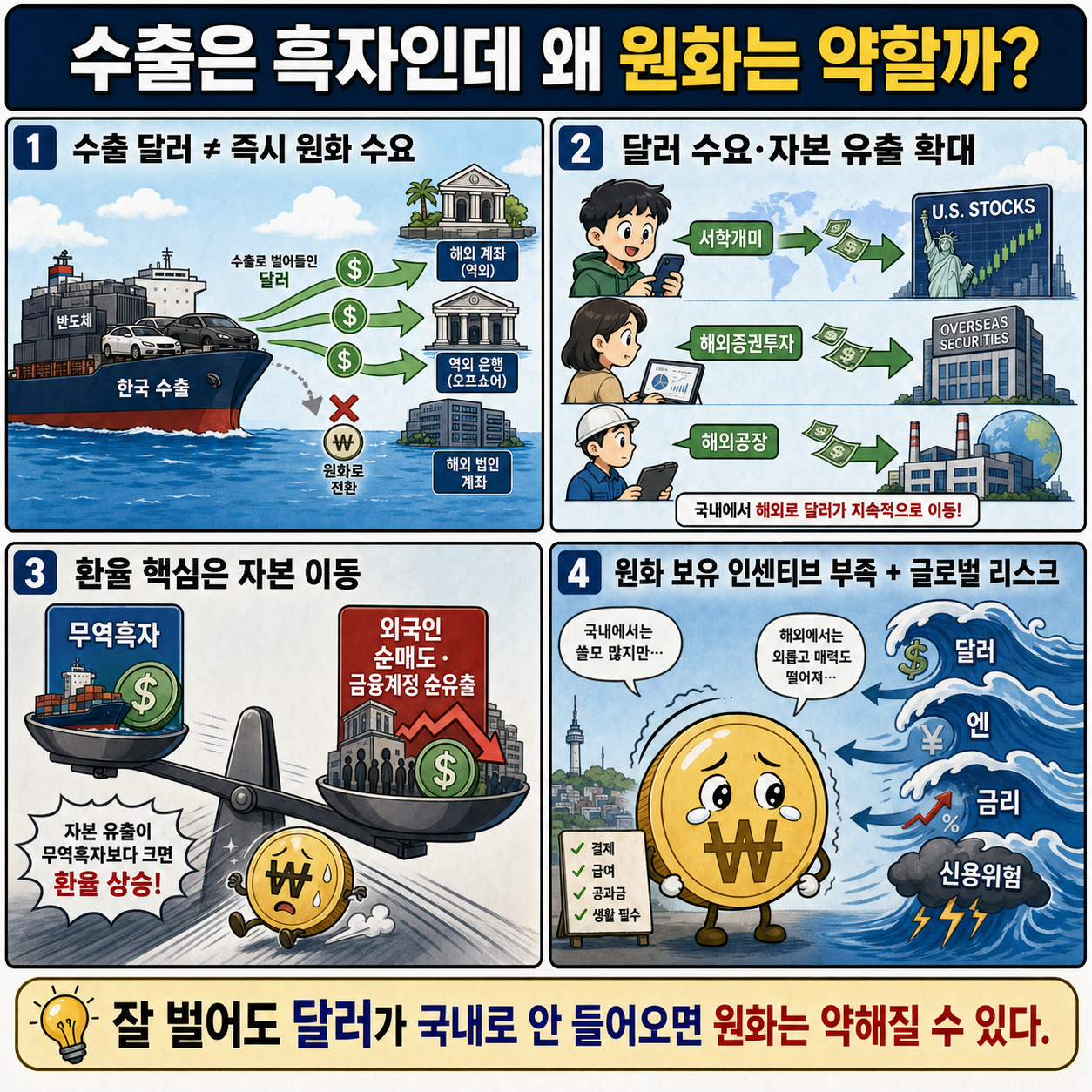 수출은 이라는데 왜? 잘 버는데도 오히려 원화 가치가 박살 나는 진짜 이유 (다이와 증권 변정규 본부장) 내용을 설명하는 본문 이미지