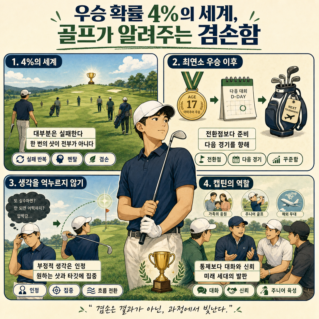 우승 확률 4%의 세계, 골프가 알려주는 겸손함 내용을 설명하는 본문 이미지