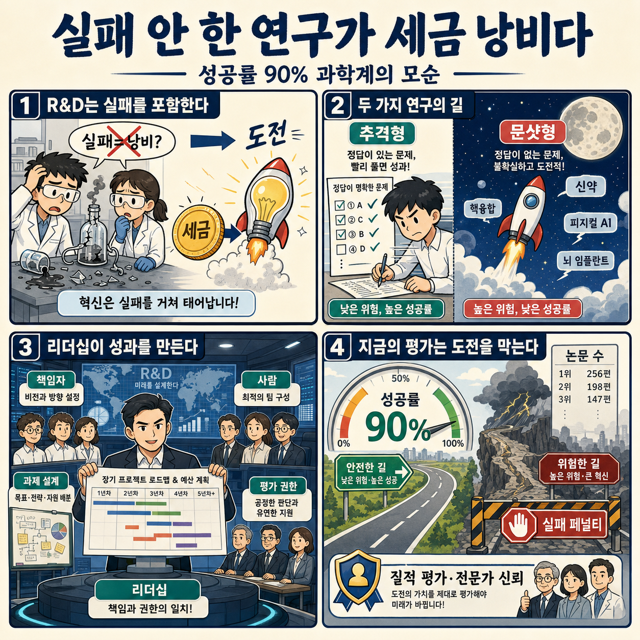 실패 안 한 연구가 세금 낭비다" 성공률 90% 대한민국 과학계의 뼈아픈 모순을 깨부수는 석학의 일침 (공학한림원 윤의준 회장) 1부 내용을 설명하는 본문 이미지