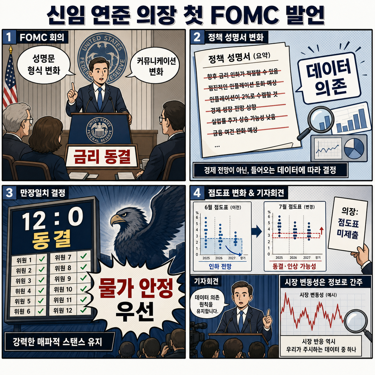 의 신임 연준 의장 첫 FOMC 발언 내용을 설명하는 본문 이미지