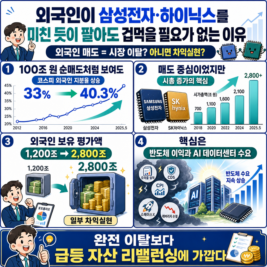 외국인이 삼성전자·하이닉스를 미친 듯이 팔아도 겁먹을 필요가 없는 이유 내용을 설명하는 본문 이미지