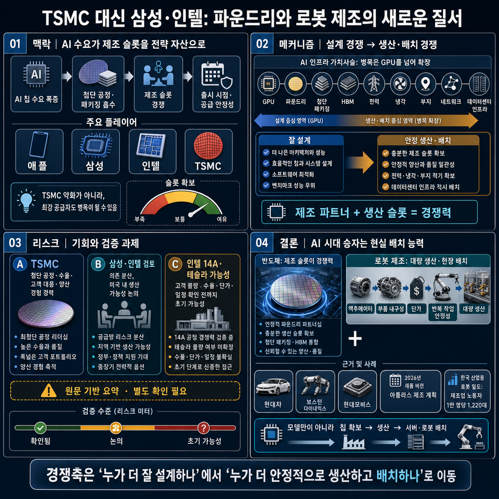 TSMC 대신 삼성 인텔. 파운드리와 로봇 제조의 새로운 질서 내용을 설명하는 본문 이미지