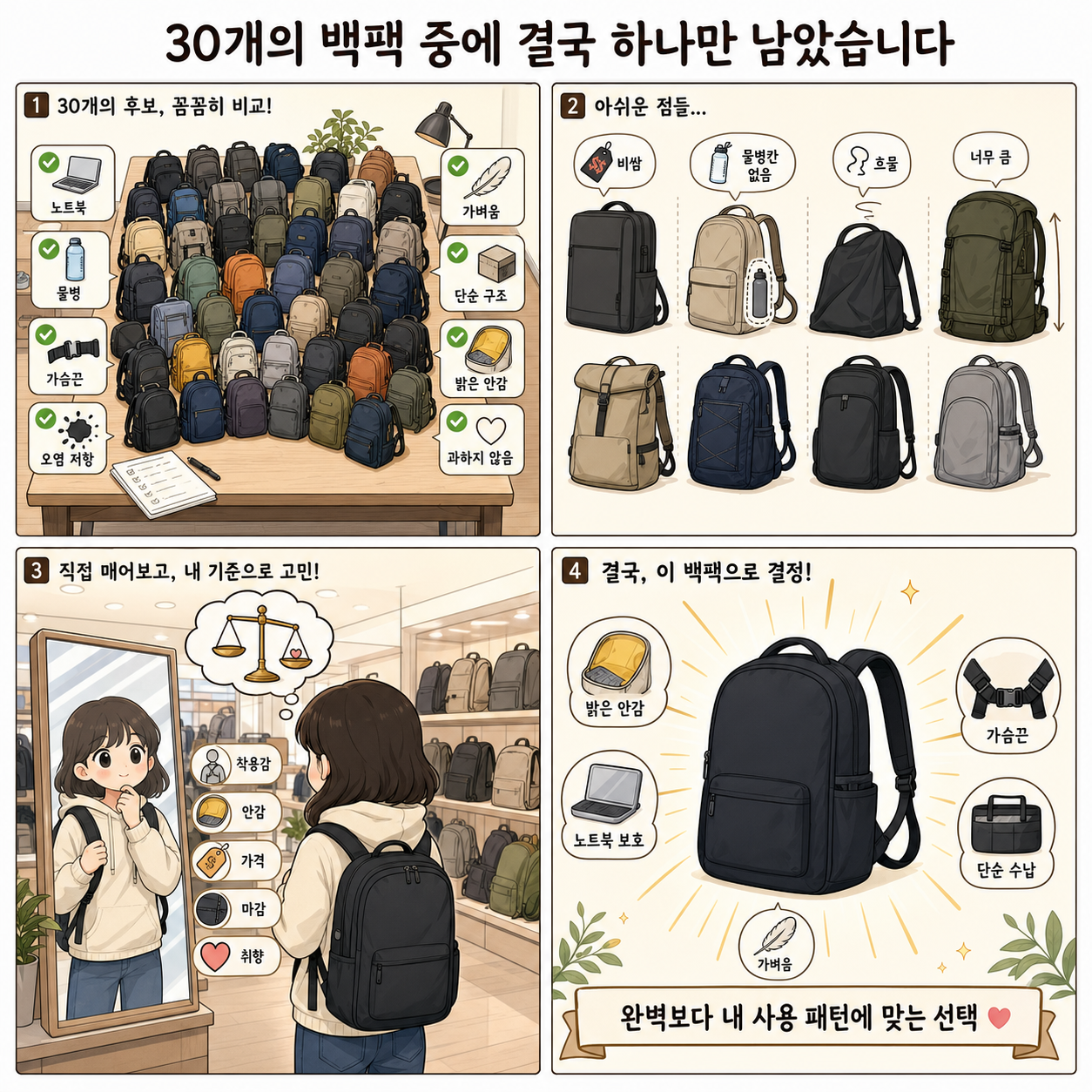 30개의 백팩 중에 결국 하나만 남았습니다 내용을 설명하는 본문 이미지
