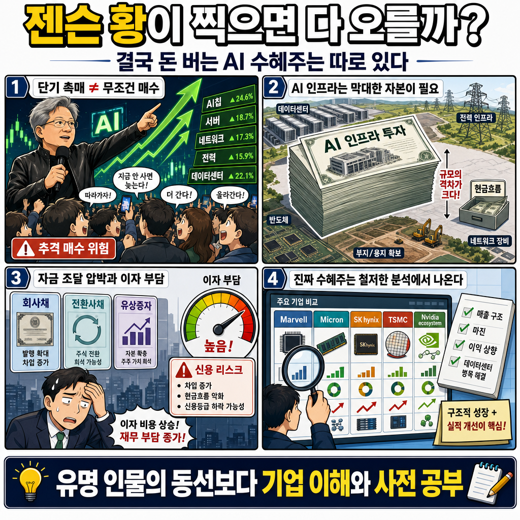 젠슨 황이 찍으면 다 오를까?" 결국 돈 버는 AI 수혜주는 따로 있다 내용을 설명하는 본문 이미지