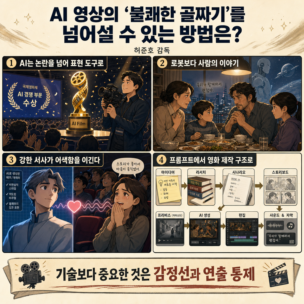 AI 영상의 ''불쾌한 골짜기''를 넘어설 수 있는 방법은? (허준호 감독) 내용을 설명하는 본문 이미지