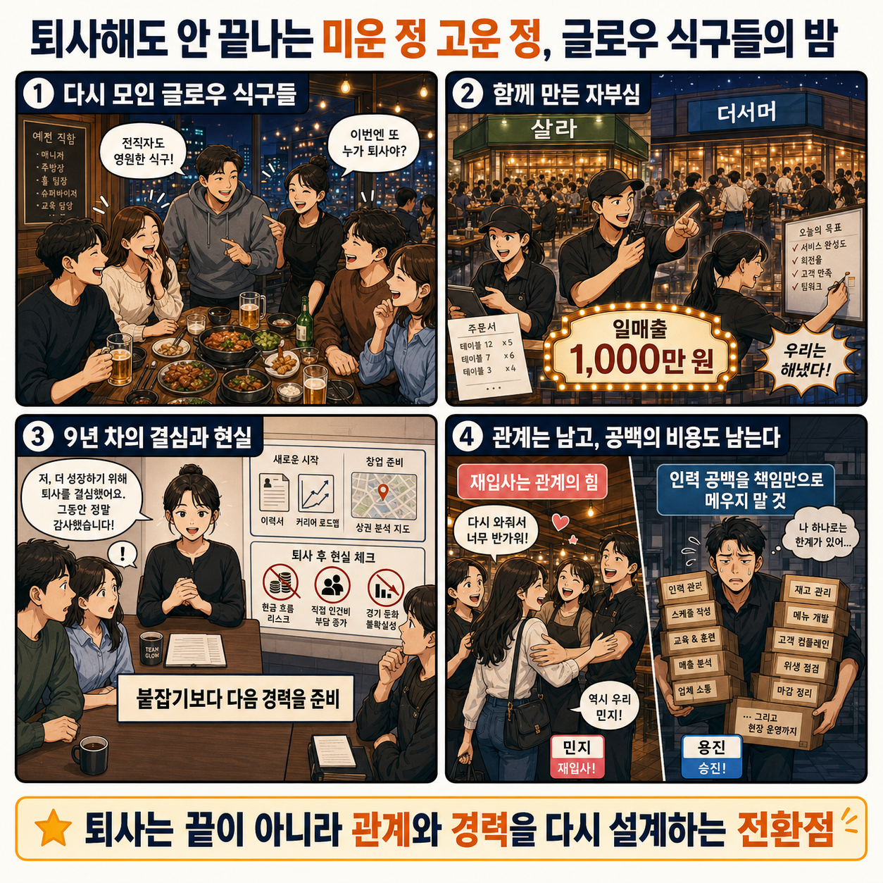 퇴사해도 안 끝나는 미운 정 고운 정, 글로우 식구들의 밤 내용을 설명하는 본문 이미지