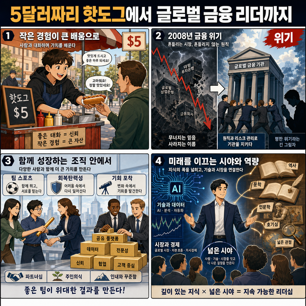 5달러짜리 핫도그 팔다 ''4000조'' 금융 기업 CEO 된 비결ㅣ글로벌초대석 EP.3 내용을 설명하는 본문 이미지