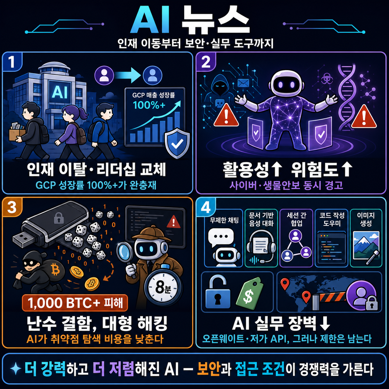 AI 뉴스 - Google 떠나는 인재들, GPT-6 Astra 소식, Luna 무제한, 콜드카드 하드월렛 해킹, Muse Spark 1.2, Imagine Image 2.0 등 내용을 설명하는 본문 이미지