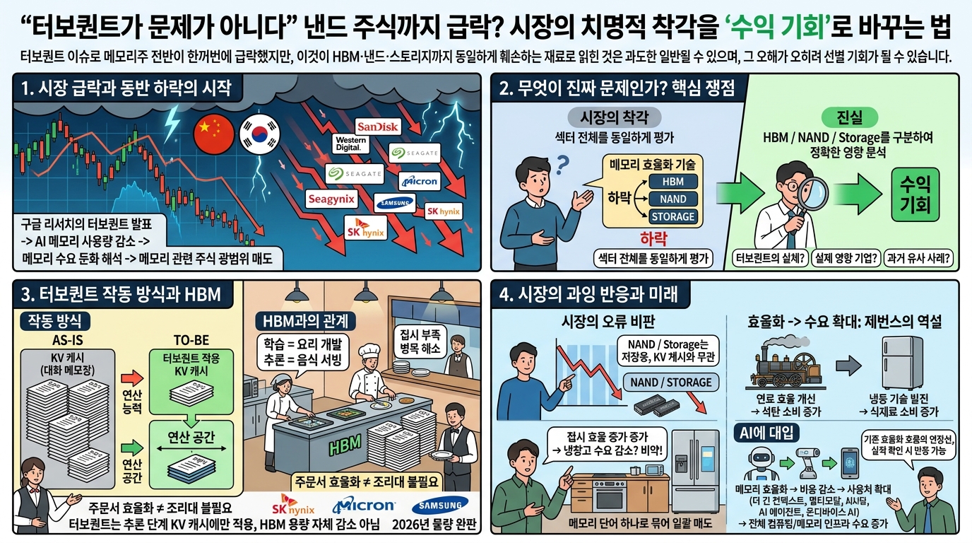 "터보퀀트가 문제가 아니다" 낸드 주식까지 급락? 시장의 치명적 착각을 '수익 기회'로 바꾸는 법 내용을 설명하는 본문 이미지
