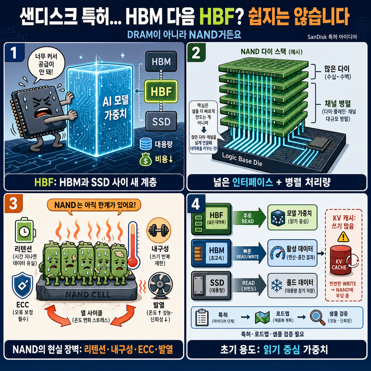 샌디스크 특허... HBM 다음 HBF? 쉽지는 않습니다 DRAM이 아니라 NAND거든요 내용을 설명하는 본문 이미지